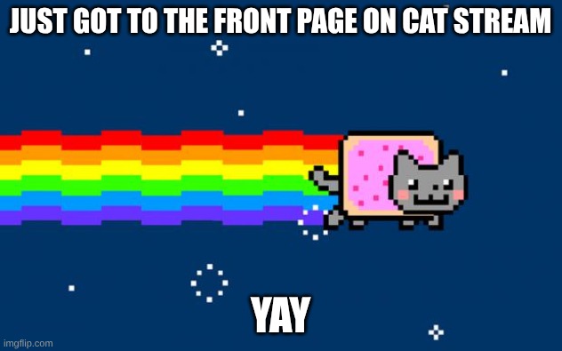 thank you! | JUST GOT TO THE FRONT PAGE ON CAT STREAM; YAY | image tagged in nyan cat | made w/ Imgflip meme maker