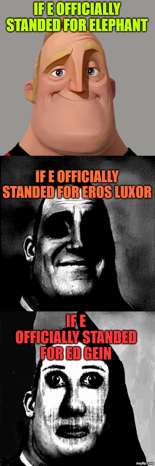 if e standed for: | IF E OFFICIALLY STANDED FOR ELEPHANT; IF E OFFICIALLY STANDED FOR EROS LUXOR; IF E OFFICIALLY STANDED FOR ED GEIN | made w/ Imgflip meme maker