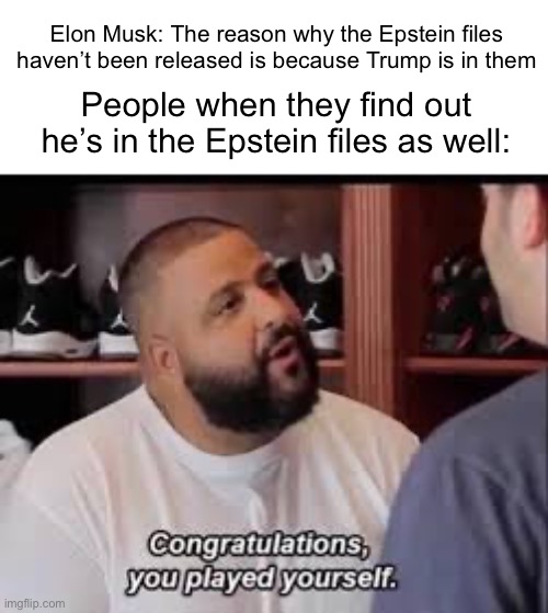 Friendly fire will not be tolerated! | Elon Musk: The reason why the Epstein files haven’t been released is because Trump is in them; People when they find out he’s in the Epstein files as well: | image tagged in you played yourself | made w/ Imgflip meme maker
