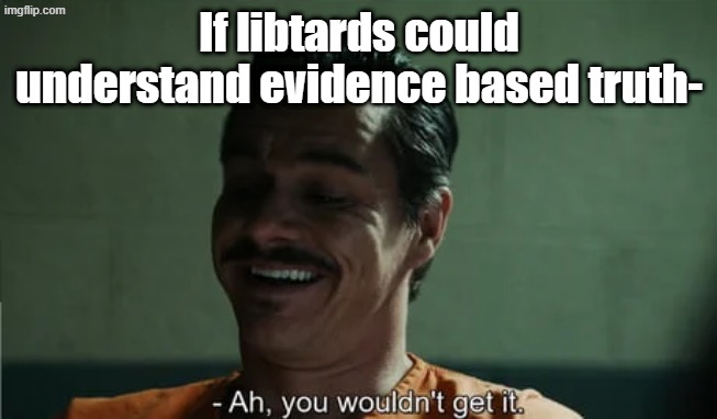 Ah, you wouldn't get it. | If libtards could understand evidence based truth- | image tagged in ah you wouldn't get it | made w/ Imgflip meme maker