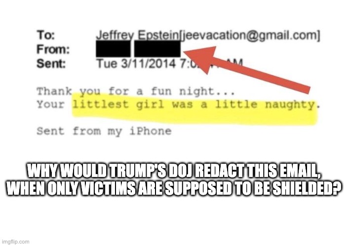WHY WOULD TRUMP'S DOJ REDACT THIS EMAIL, WHEN ONLY VICTIMS ARE SUPPOSED TO BE SHIELDED? | made w/ Imgflip meme maker