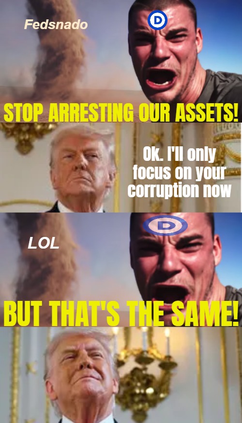 That won't change the blue city picture much | Fedsnado; STOP ARRESTING OUR ASSETS! Ok. I'll only focus on your corruption now; LOL; BUT THAT'S THE SAME! | image tagged in here it comes,donald trump,democrats,corruption,politics | made w/ Imgflip meme maker