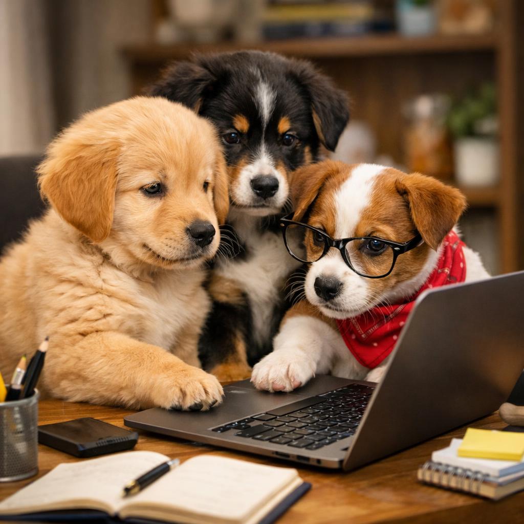 3 puppies doing teamwork on computer Blank Meme Template