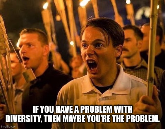 IF YOU HAVE A PROBLEM WITH DIVERSITY, THEN MAYBE YOU’RE THE PROBLEM. | image tagged in triggered neo nazi | made w/ Imgflip meme maker