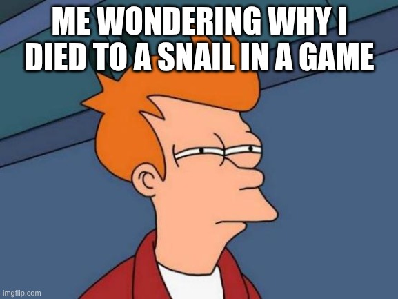 Futurama Fry | ME WONDERING WHY I DIED TO A SNAIL IN A GAME | image tagged in memes,futurama fry | made w/ Imgflip meme maker