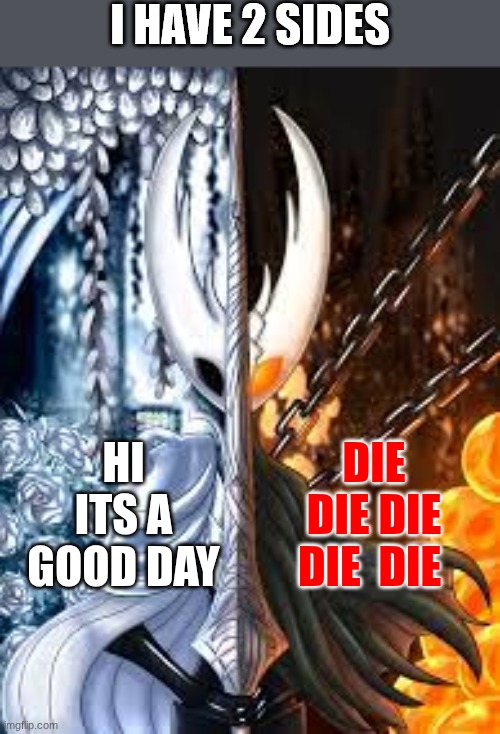 hollow knight i have 2 sides | HI ITS A GOOD DAY; DIE DIE DIE DIE  DIE | image tagged in hollow knight i have 2 sides | made w/ Imgflip meme maker
