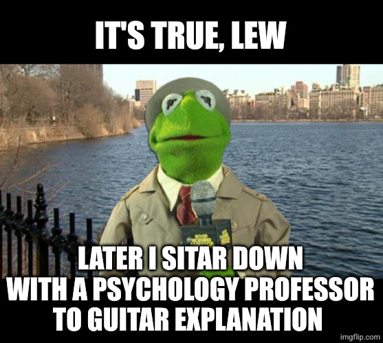 Kermit News Report | IT'S TRUE, LEW LATER I SITAR DOWN WITH A PSYCHOLOGY PROFESSOR TO GUITAR EXPLANATION | image tagged in kermit news report | made w/ Imgflip meme maker