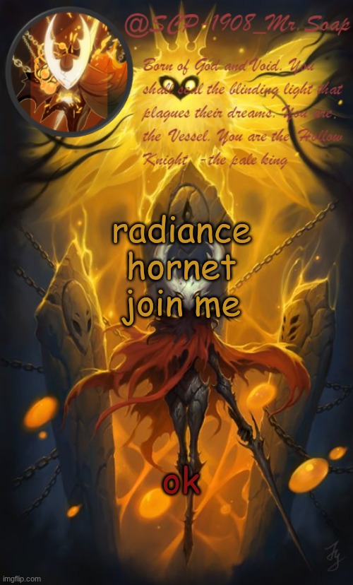 soap's the hollow knight temp | radiance hornet join me; ok | image tagged in soap's the hollow knight temp | made w/ Imgflip meme maker