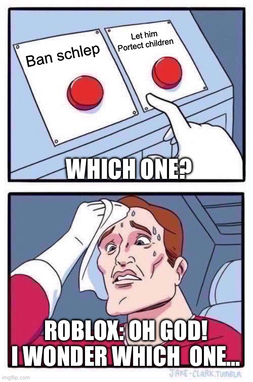 FREE SCHLEP | Let him Portect children; Ban schlep; WHICH ONE? ROBLOX: OH GOD! I WONDER WHICH  ONE… | image tagged in memes,two buttons,free schlep | made w/ Imgflip meme maker