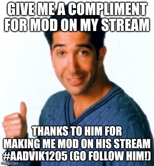 not forcing | GIVE ME A COMPLIMENT FOR MOD ON MY STREAM; THANKS TO HIM FOR MAKING ME MOD ON HIS STREAM #AADVIK1205 (GO FOLLOW HIM!) | image tagged in ross geller this guy | made w/ Imgflip meme maker
