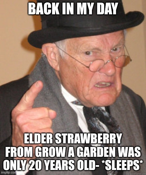 Back In My Day | BACK IN MY DAY; ELDER STRAWBERRY FROM GROW A GARDEN WAS ONLY 20 YEARS OLD- *SLEEPS* | image tagged in memes,back in my day | made w/ Imgflip meme maker