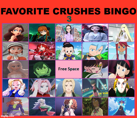 favorite crushes bingo 3 | 3 | image tagged in favorite crushes bingo,number 3,bingos,anime,videogames,pokemon | made w/ Imgflip meme maker