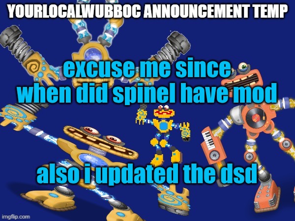 YourLocalWubboc Announcement Temp | excuse me since when did spinel have mod; also i updated the dsd | image tagged in yourlocalwubboc announcement temp | made w/ Imgflip meme maker