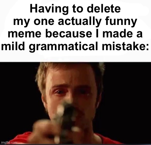Having to delete my one actually funny meme because I made a mild grammatical mistake: | made w/ Imgflip meme maker