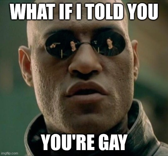 Morpheus What If I Told You (Square) | WHAT IF I TOLD YOU; YOU'RE GAY | image tagged in morpheus what if i told you square | made w/ Imgflip meme maker