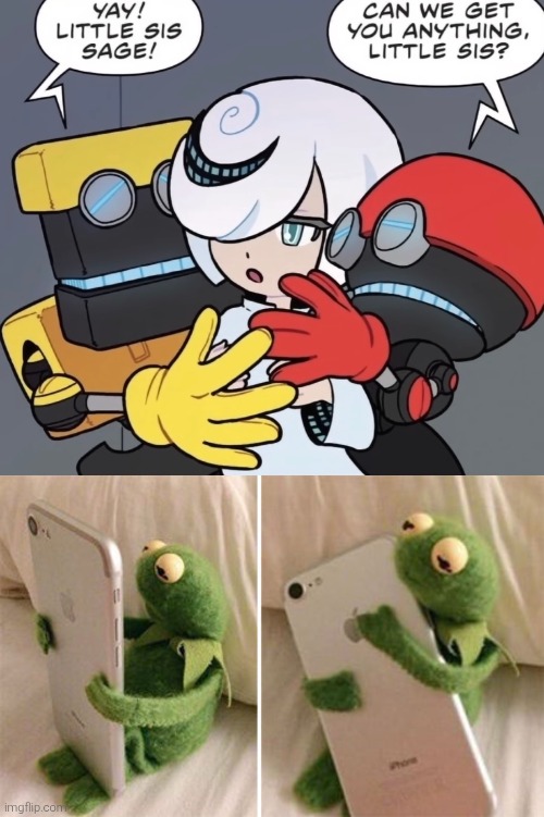 It may sounds weird for that little sister part (I guess), but it's still cute. | image tagged in kermit hugging phone,sonic | made w/ Imgflip meme maker
