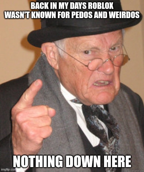 yeah | BACK IN MY DAYS ROBLOX WASN'T KNOWN FOR PEDOS AND WEIRDOS; NOTHING DOWN HERE | image tagged in memes,back in my day | made w/ Imgflip meme maker