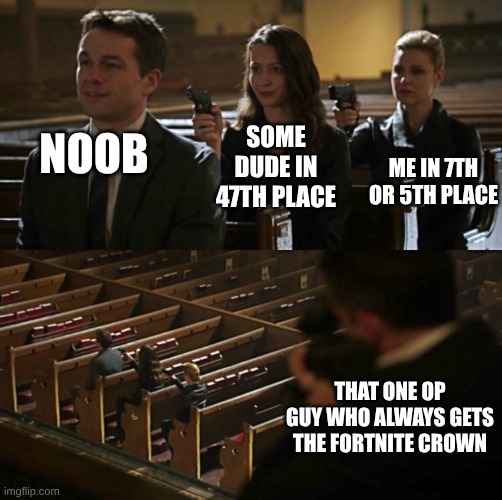 Church Sniper | SOME DUDE IN 47TH PLACE; ME IN 7TH OR 5TH PLACE; NOOB; THAT ONE OP GUY WHO ALWAYS GETS THE FORTNITE CROWN | image tagged in church sniper | made w/ Imgflip meme maker