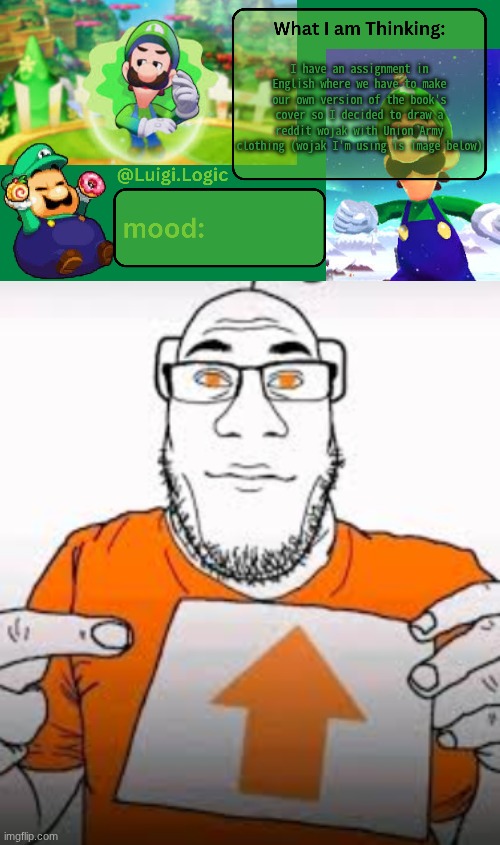 the book is "The Red Badge of Courage" | I have an assignment in English where we have to make our own version of the book's cover so I decided to draw a reddit wojak with Union Army clothing (wojak I'm using is image below) | image tagged in luigi logic temp | made w/ Imgflip meme maker