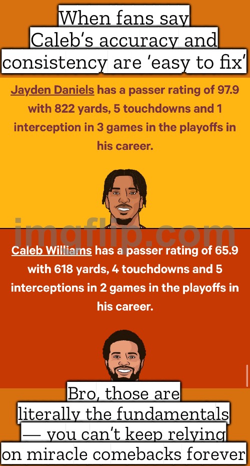 Bro… consistency and accuracy aren’t DLC add‑ons, they’re literally the main gameplay. | When fans say Caleb’s accuracy and consistency are ‘easy to fix’; Bro, those are literally the fundamentals — you can’t keep relying on miracle comebacks forever | image tagged in nfl,analysis,nfl memes,nfl football,sports fans,accurate | made w/ Imgflip meme maker