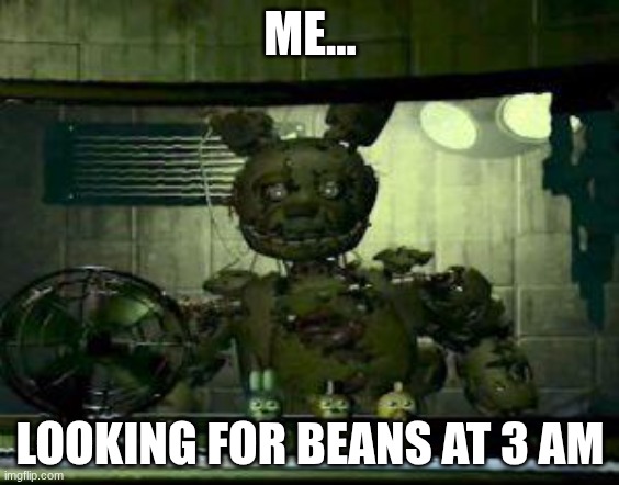 FNAF Springtrap in window | ME... LOOKING FOR BEANS AT 3 AM | image tagged in fnaf springtrap in window | made w/ Imgflip meme maker