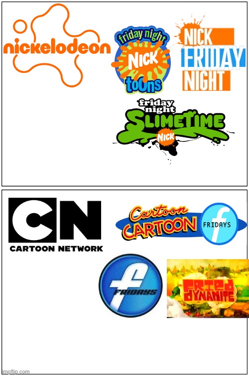Cartoon channels on a Friday night | image tagged in memes,blank comic panel 1x2,nickelodeon,cartoon network,friday | made w/ Imgflip meme maker