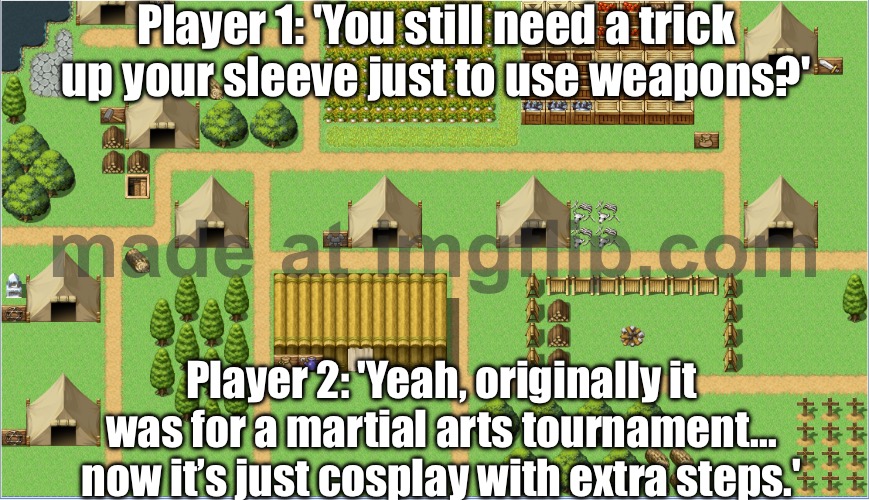 Now everyone’s throwing energy blasts and swords are just fashion accessories | Player 1: 'You still need a trick up your sleeve just to use weapons?'; Player 2: 'Yeah, originally it was for a martial arts tournament... now it’s just cosplay with extra steps.' | image tagged in multiplayer choose your own adventure,player,multiplayer,gamers,gaming,swords | made w/ Imgflip meme maker