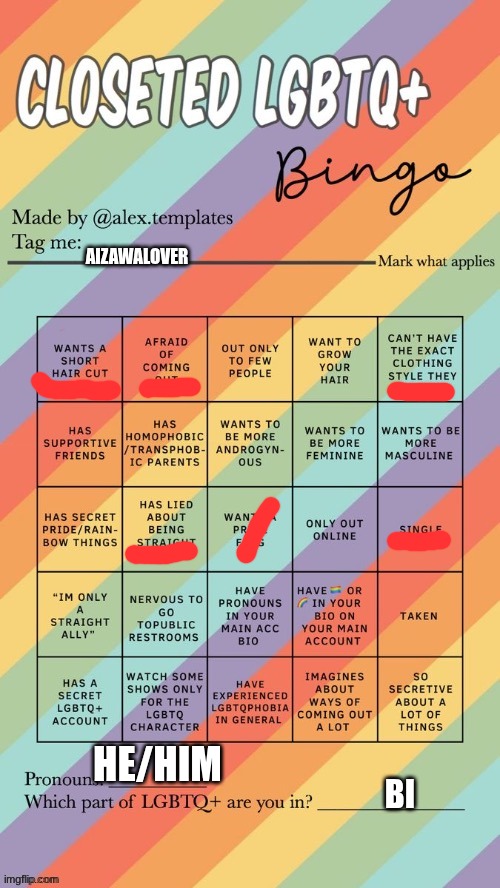 I hope my family will understad me | AIZAWALOVER; HE/HIM; BI | image tagged in closeted lgbtq bingo,memes | made w/ Imgflip meme maker