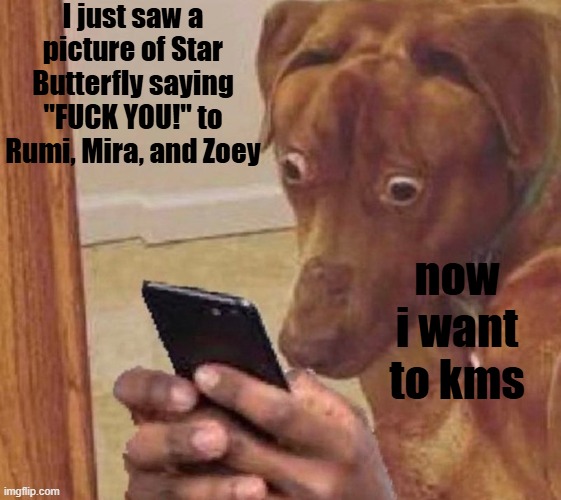 Yes i love Kpop Demon Hunters | I just saw a picture of Star Butterfly saying "FUCK YOU!" to Rumi, Mira, and Zoey; now i want to kms | image tagged in shocked dog | made w/ Imgflip meme maker