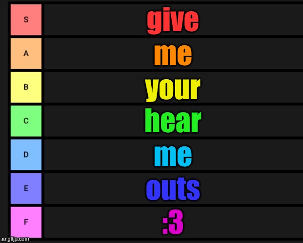 Tier List | give; me; your; hear; me; outs; :3 | image tagged in tier list | made w/ Imgflip meme maker