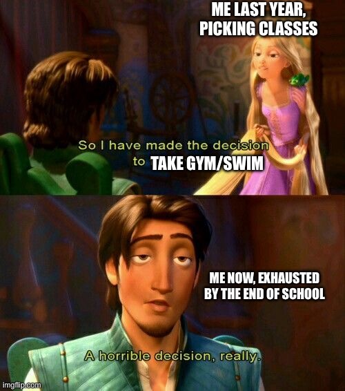 I’m so tired | ME LAST YEAR, PICKING CLASSES; TAKE GYM/SWIM; ME NOW, EXHAUSTED BY THE END OF SCHOOL | image tagged in a horrible decision really | made w/ Imgflip meme maker