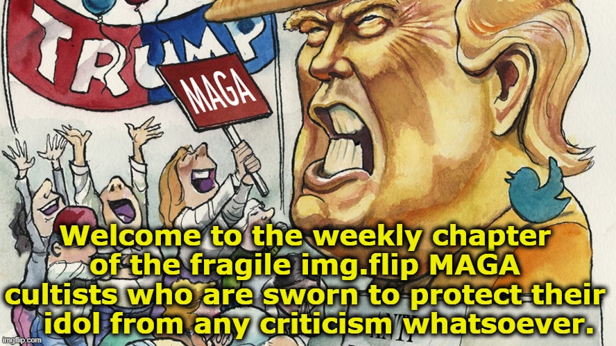 Welcome to the weekly chapter of the fragile img.flip MAGA cultists who are sworn to protect their    idol from any criticism whatsoever. | made w/ Imgflip meme maker