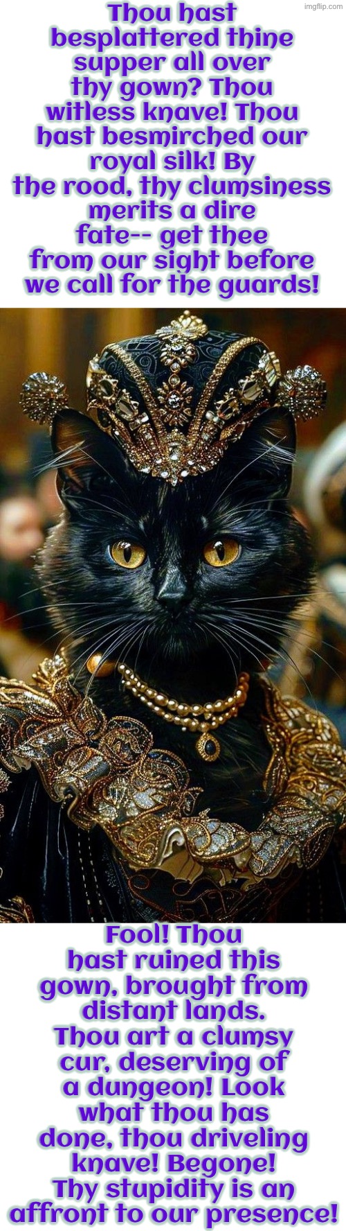 Thou Hast Besplattered Thine Supper | Thou hast besplattered thine supper all over thy gown? Thou witless knave! Thou hast besmirched our royal silk! By the rood, thy clumsiness merits a dire fate-- get thee from our sight before we call for the guards! Fool! Thou hast ruined this gown, brought from distant lands. Thou art a clumsy cur, deserving of a dungeon! Look what thou has done, thou driveling knave! Begone! Thy stupidity is an affront to our presence! | image tagged in cats,funny cat memes,medieval memes,the queen,clumsy,duhhh dumbass | made w/ Imgflip meme maker