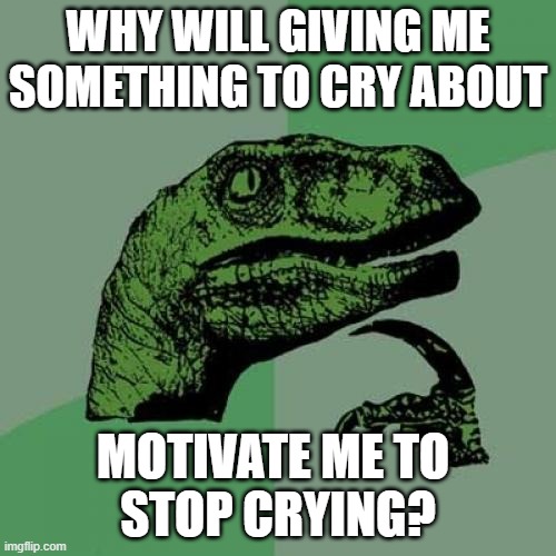 Philosoraptor on crying | WHY WILL GIVING ME
SOMETHING TO CRY ABOUT; MOTIVATE ME TO 
STOP CRYING? | image tagged in memes,philosoraptor,crying,tears,threat | made w/ Imgflip meme maker