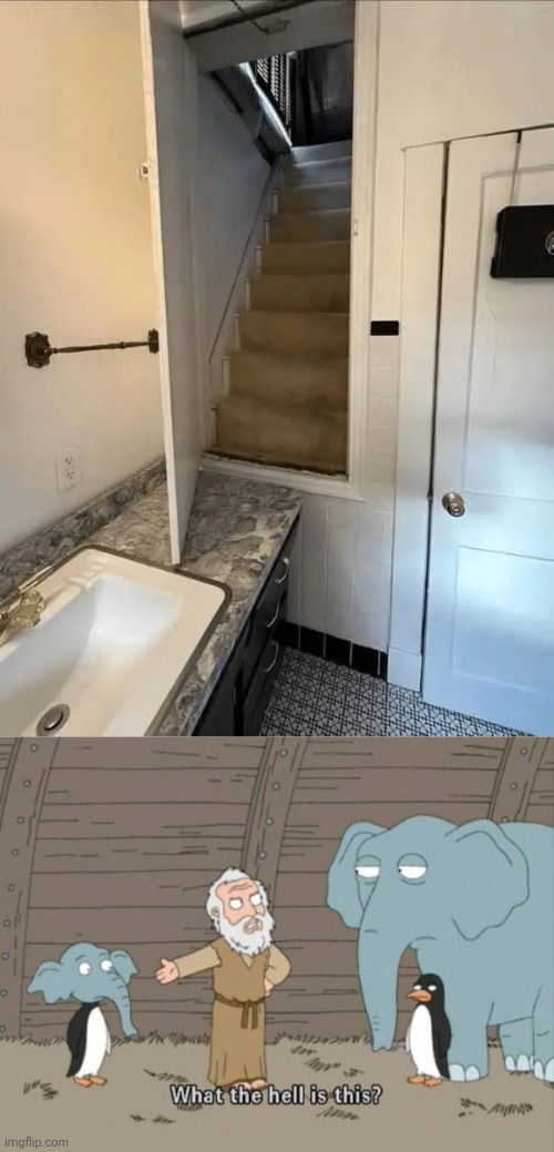 Typa strange stairs placement | image tagged in what the hell is this,kitchen,stairs,door,you had one job,memes | made w/ Imgflip meme maker