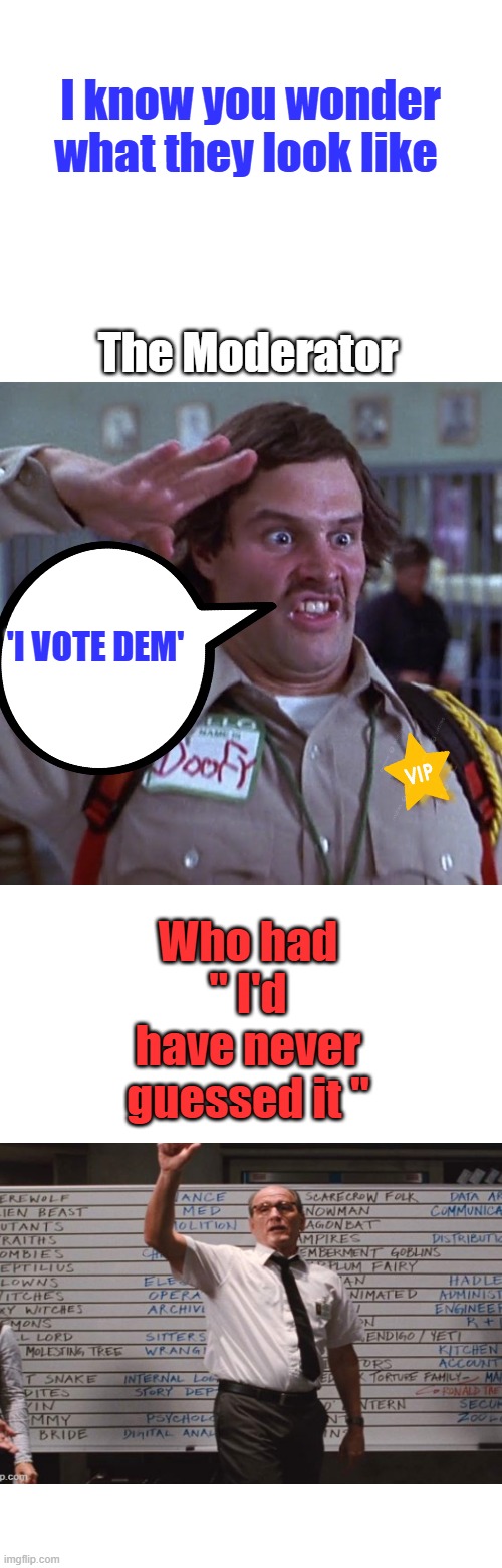I know you wonder what they look like; The Moderator; 'I VOTE DEM'; Who had " I'd have never guessed it " | image tagged in memes,blank transparent square | made w/ Imgflip meme maker