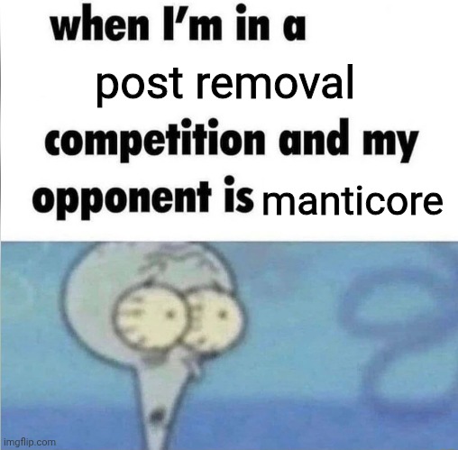 whe i'm in a competition and my opponent is | post removal; manticore | image tagged in whe i'm in a competition and my opponent is | made w/ Imgflip meme maker