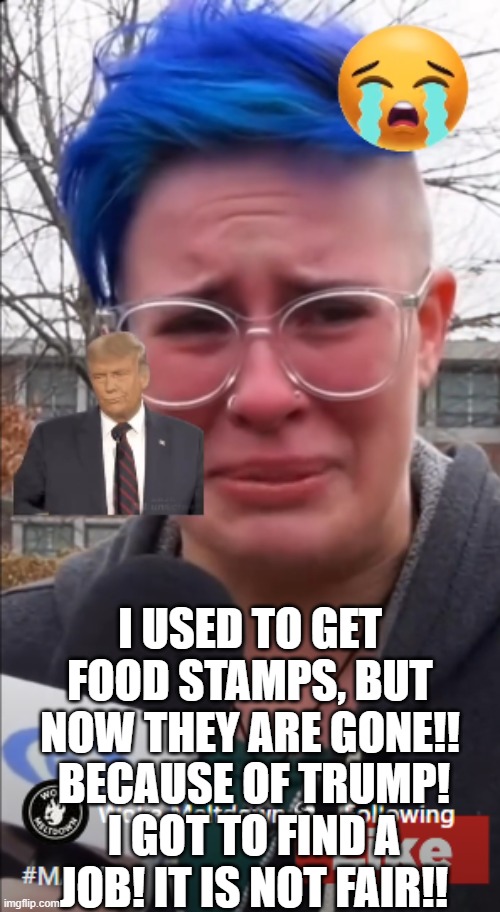 It is not fair!! I lost my food stamps because of Trump! | I USED TO GET FOOD STAMPS, BUT NOW THEY ARE GONE!! BECAUSE OF TRUMP! I GOT TO FIND A JOB! IT IS NOT FAIR!! | made w/ Imgflip meme maker