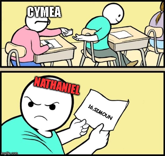 cheat | CYMEA; NATHANIEL; 16.SIMOUN | image tagged in the cheat on exam | made w/ Imgflip meme maker