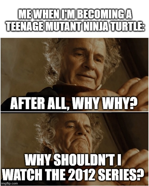 When the 2012 Teenage Mutant Ninja Turtles series wants to be a Ninja Turtle | ME WHEN I'M BECOMING A TEENAGE MUTANT NINJA TURTLE:; AFTER ALL, WHY WHY? WHY SHOULDN’T I WATCH THE 2012 SERIES? | image tagged in bilbo - why shouldn t i keep it,memes,funny,teenage mutant ninja turtles,tmnt,nickelodeon | made w/ Imgflip meme maker