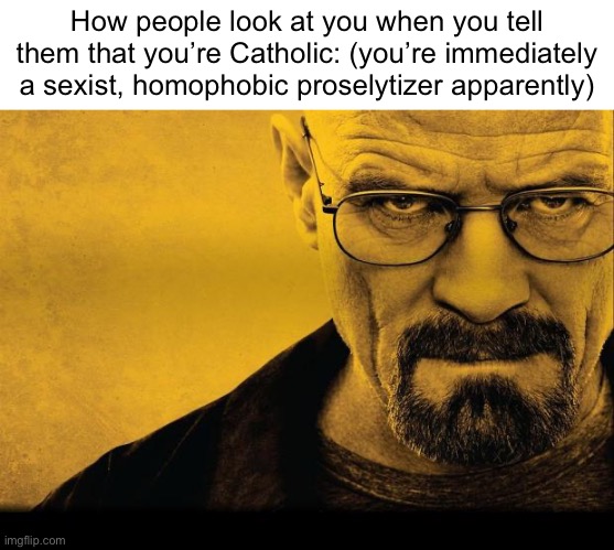 . | How people look at you when you tell them that you’re Catholic: (you’re immediately a sexist, homophobic proselytizer apparently) | image tagged in breaking bad | made w/ Imgflip meme maker