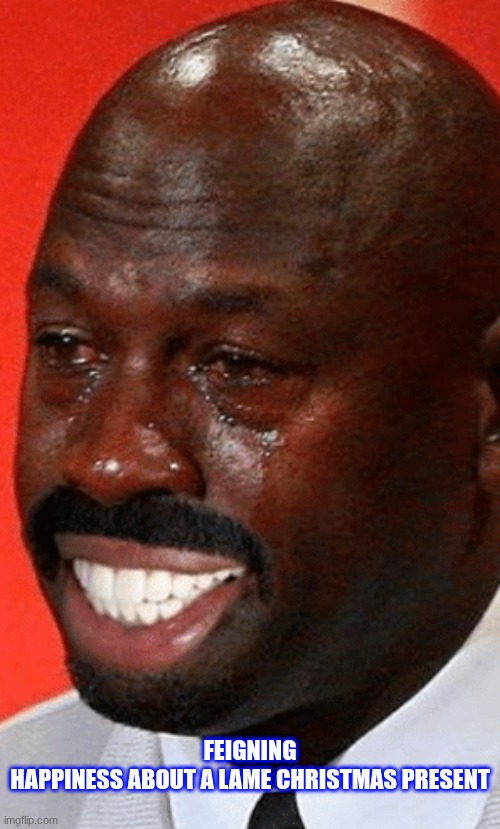 happy but not happy | FEIGNING HAPPINESS ABOUT A LAME CHRISTMAS PRESENT | image tagged in feigning happiness about a lame christmas present | made w/ Imgflip meme maker