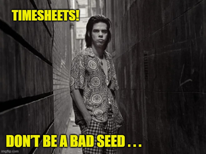 Nick Cave Timesheet Reminder | TIMESHEETS! DON’T BE A BAD SEED . . . | image tagged in nick cave timesheet reminder,timesheet reminder,memes,bad seeds,funny | made w/ Imgflip meme maker