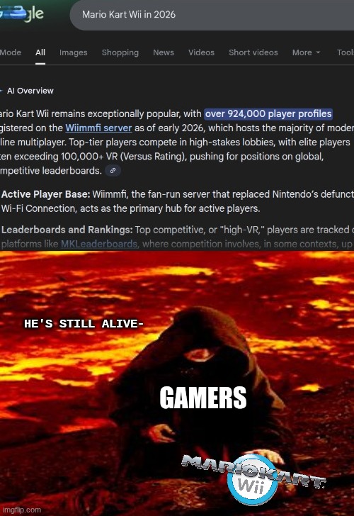 Mario Kart Wii meme | HE'S STILL ALIVE-; GAMERS | image tagged in memes,mario kart,wii,mario,video games,starwars | made w/ Imgflip meme maker