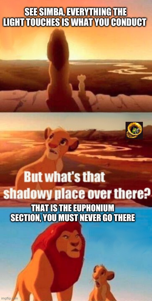 Simba Shadowy Place Meme | SEE SIMBA, EVERYTHING THE LIGHT TOUCHES IS WHAT YOU CONDUCT; THAT IS THE EUPHONIUM SECTION, YOU MUST NEVER GO THERE | image tagged in memes,simba shadowy place | made w/ Imgflip meme maker