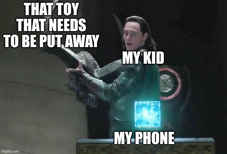 Distracted kid | THAT TOY THAT NEEDS TO BE PUT AWAY; MY KID; MY PHONE | image tagged in distracted loki,funny memes,kids,distraction | made w/ Imgflip meme maker