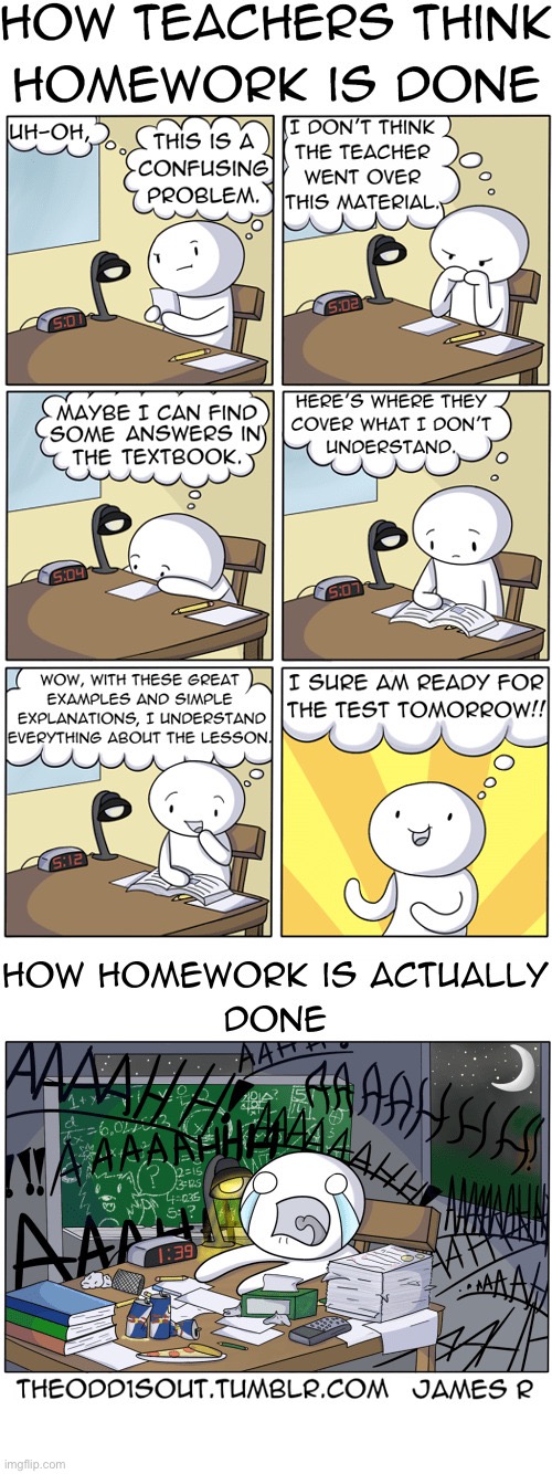 The Odd 1s Out | image tagged in comics,the odd 1s out,homework,teachers,how they think its done,how its really done | made w/ Imgflip meme maker