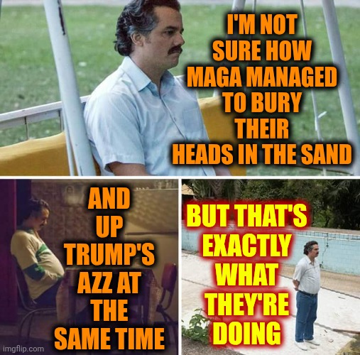 Impeach Them All Before They Get Too Rich By Destroying ALL US Citizens | I'M NOT SURE HOW MAGA MANAGED TO BURY THEIR HEADS IN THE SAND; AND UP TRUMP'S AZZ AT THE SAME TIME; BUT THAT'S
EXACTLY
WHAT
THEY'RE
DOING | image tagged in memes,sad pablo escobar,impeach trump,maga,nazis,terrorists | made w/ Imgflip meme maker