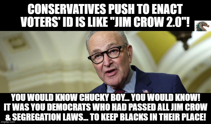 politics | CONSERVATIVES PUSH TO ENACT VOTERS' ID IS LIKE "JIM CROW 2.0"! YOU WOULD KNOW CHUCKY BOY... YOU WOULD KNOW! IT WAS YOU DEMOCRATS WHO HAD PASSED ALL JIM CROW & SEGREGATION LAWS... TO KEEP BLACKS IN THEIR PLACE! | image tagged in political meme | made w/ Imgflip meme maker