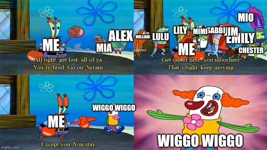 Uhh no idea | MIO; SABBI; JIM; LILY; MIMI; LULU; ALEX; WILLIAM; EMILY; ME; ME; MIA; CHESTER; WIGGO WIGGO; ME; WIGGO WIGGO | image tagged in except you you stay | made w/ Imgflip meme maker